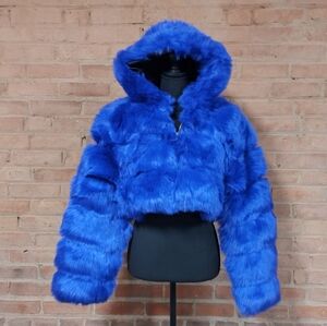 Women's Electric Blue Faux Fur Puffer Jacket